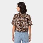 Women's Brown Animal Print Camp Collar Shirt, भूरा, small