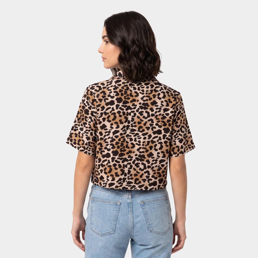 Women's Brown Animal Print Camp Collar Shirt, भूरा, large