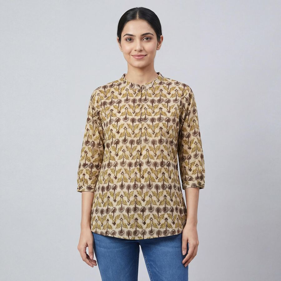 Women's Yellow Round Neck Solid Straight Kurti, Yellow, large