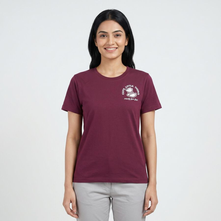 Women's Purple Round Neck Casual T-Shirt, Purple, large