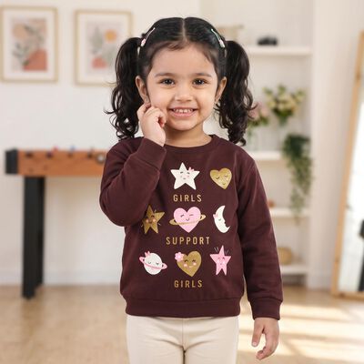 Girls' Wine Round Neck Graphic Print Sweatshirt