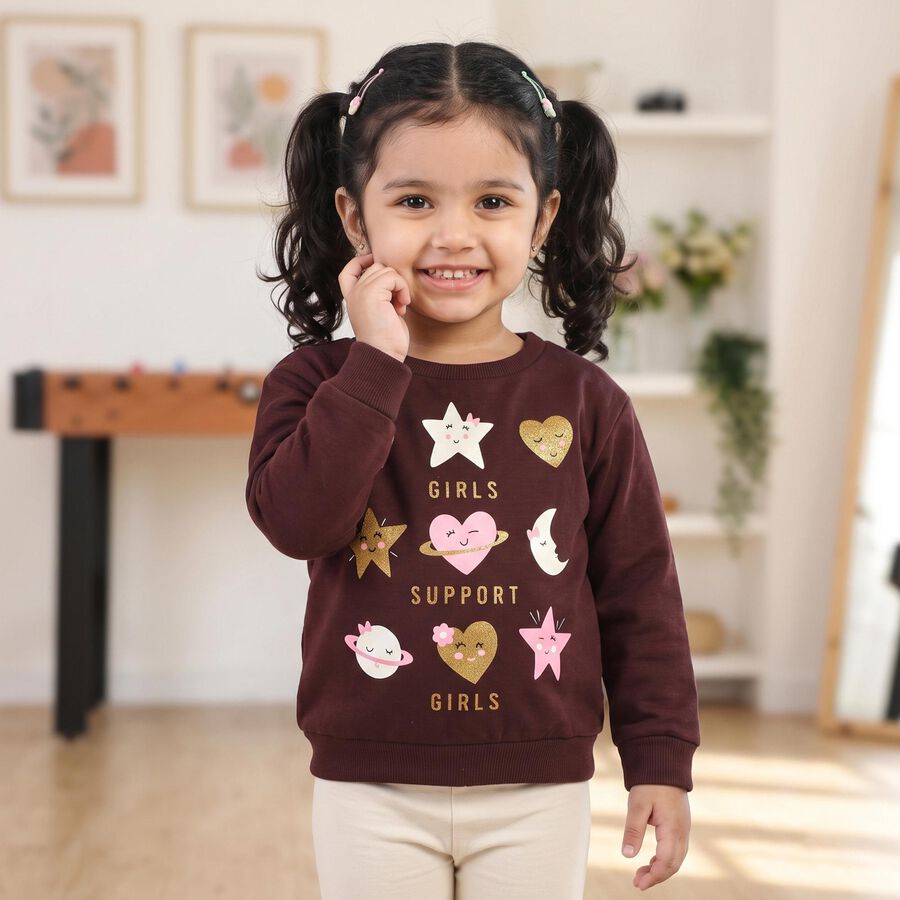Girls' Wine Round Neck Graphic Print Sweatshirt, Wine, large