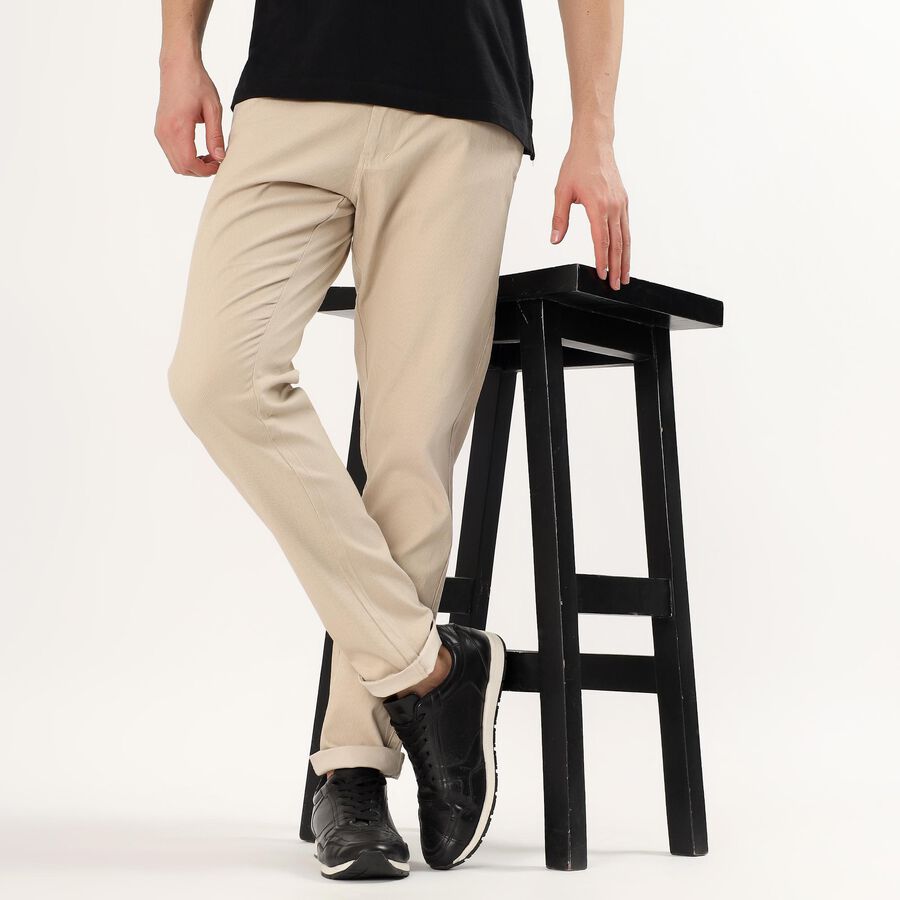 Men's Light Beige Slim Fit Flat-Front Casual Trousers, Beige, large image number null