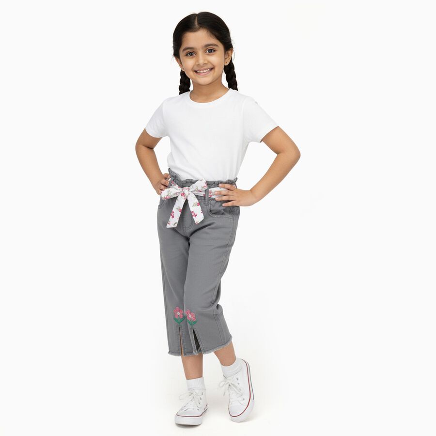 Girls' Muted Grey Relaxed Fit Embroidered Cropped Jeans, हल्का ग्रे, large image number null