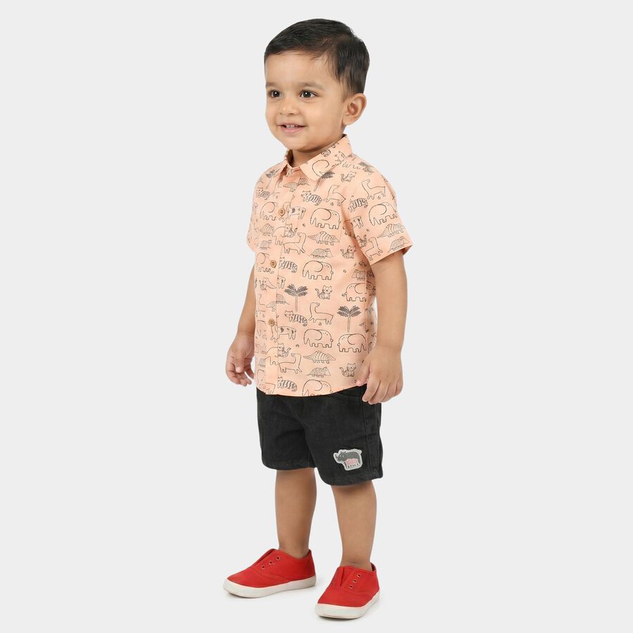 Infants' Peach 100% Cotton Collar Neck Printed Baba Suit, Peach, large