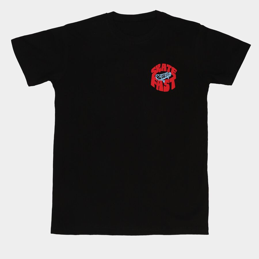 Boys Black Cotton Blend Crew Neck Regular Boys T-Shirt, काला, large