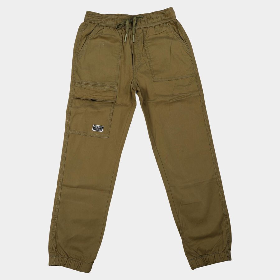 Boys' Olive Green Regular Fit Cargo Jogger Trousers, ओलिव, large