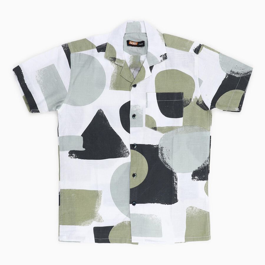 Boys Light Sage Green and White Cotton Half Sleeve Cuban Collar Casual Shirt, Light Green, large image number null