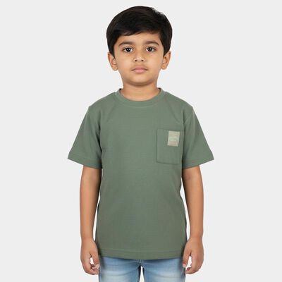 Boys' Olive Green Cotton Crew Neck Textured T-Shirt