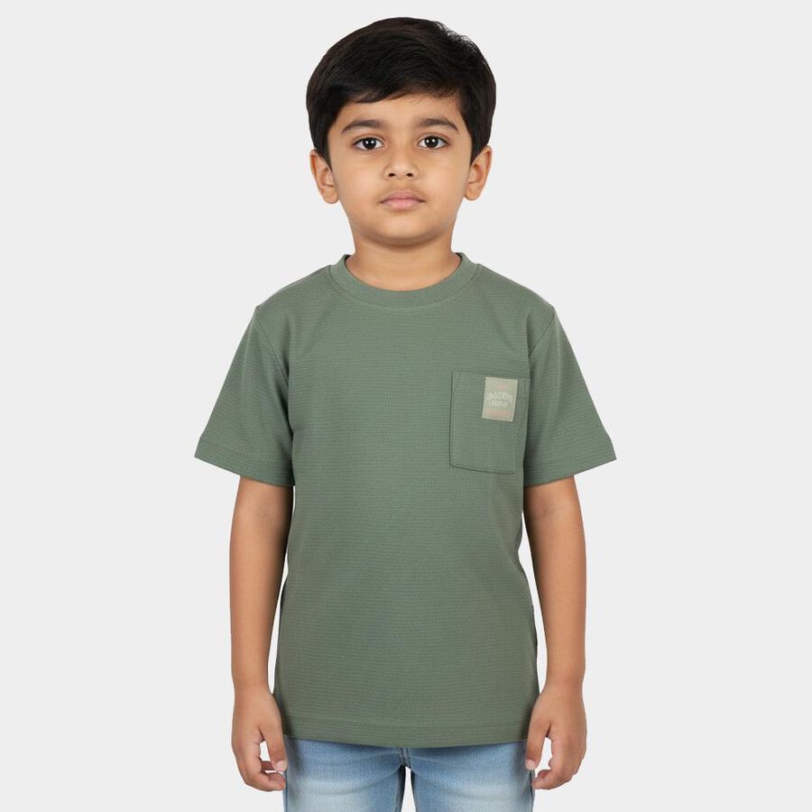Boys' Olive Green Cotton Crew Neck Textured T-Shirt, Light Green, large