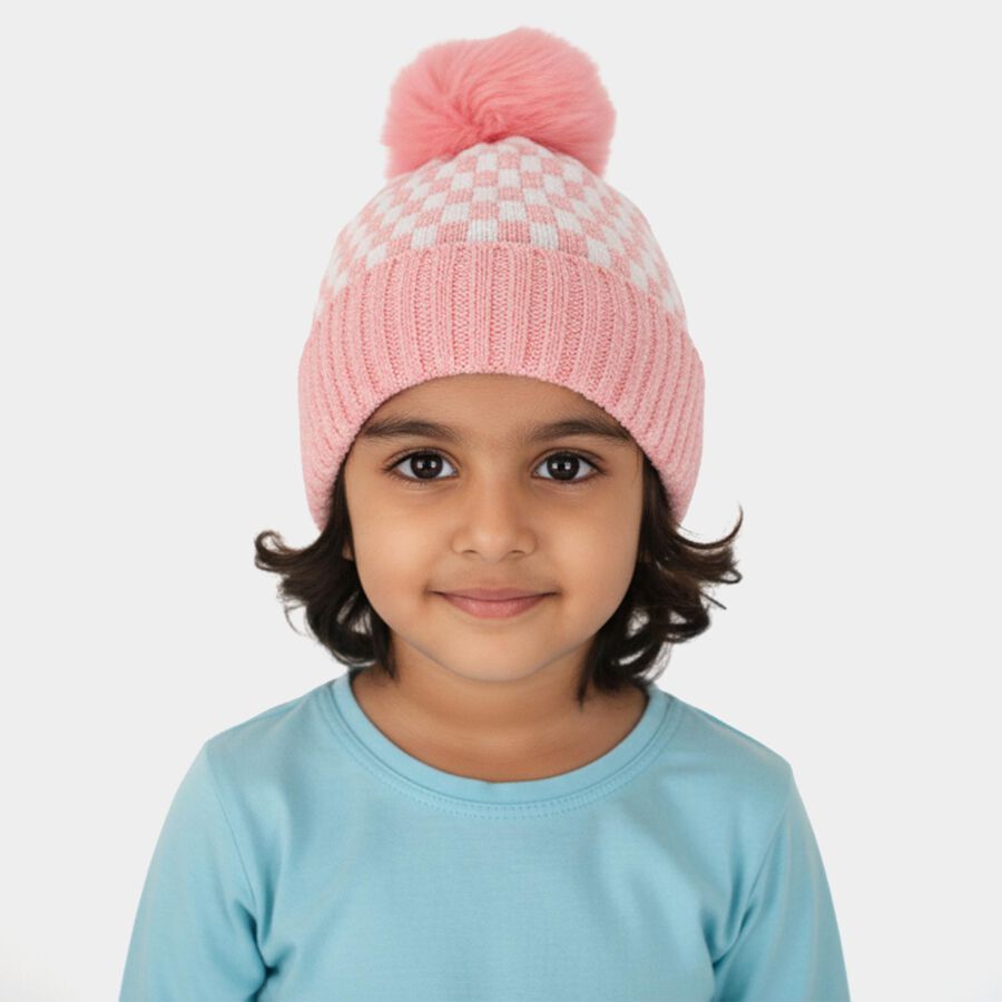 Infants Soft Pink and White Checkered Winter Cap, हल्का गुलाबी, large image number null