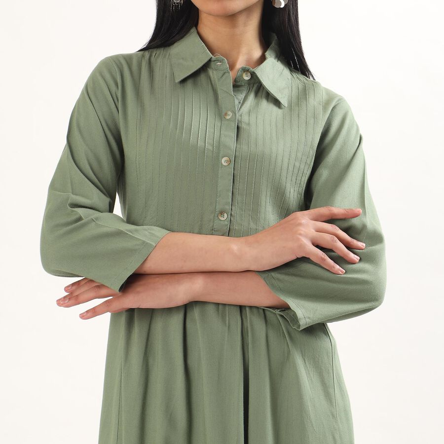 Women's Muted Sage Green Collared Self Design Kurta, गहरा हरा, large image number null