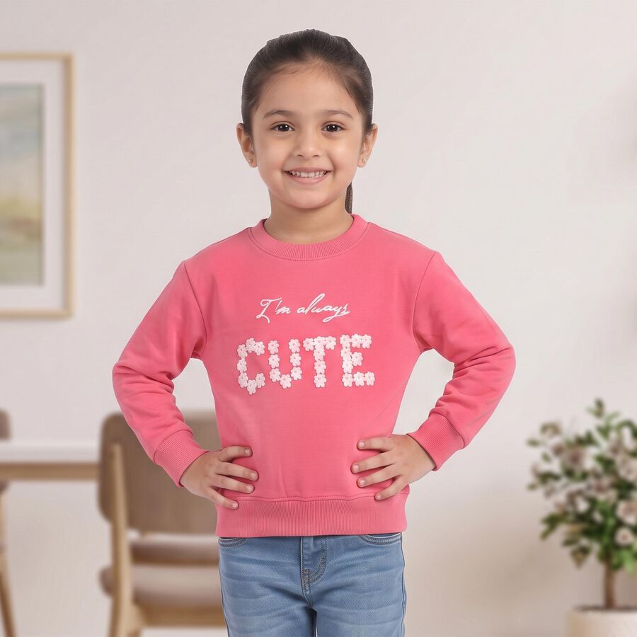 Girls' Pink Round Neck Pullover Sweatshirt, Pink, large