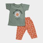 Girls' Multicolour Round Neck Printed Top and Capri Set, हल्का हरा, small