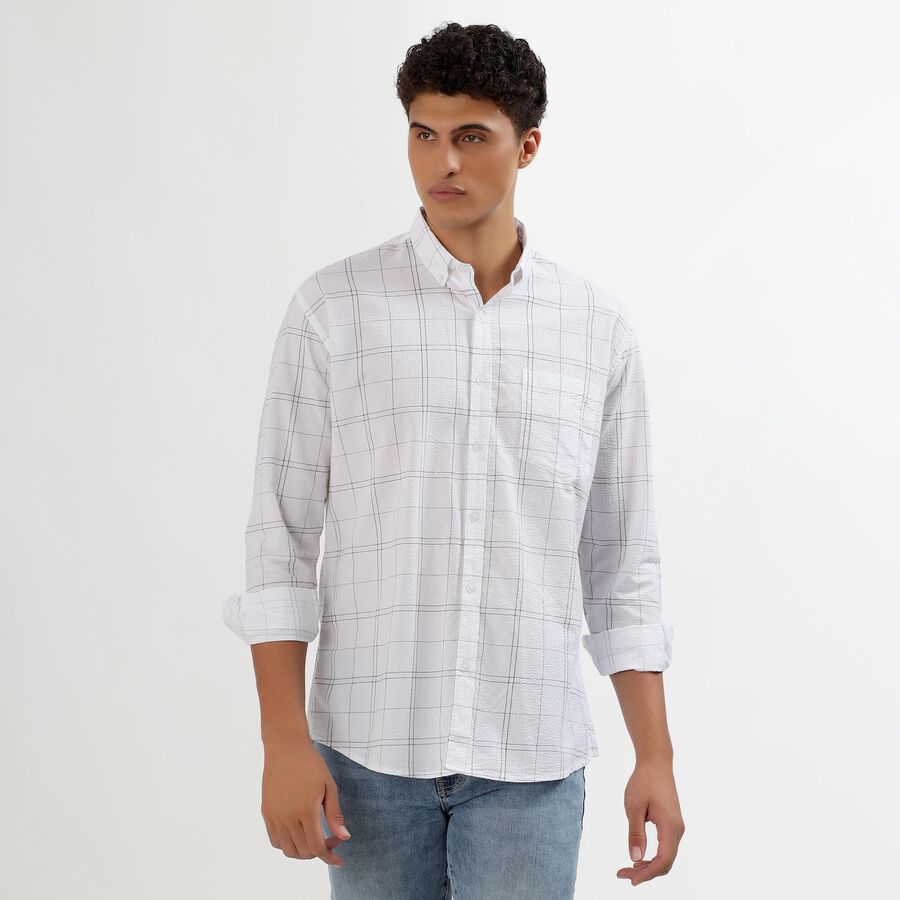 Men's Rich Eggshell White Cotton Mandarin Collar Casual Shirt, White, large image number null