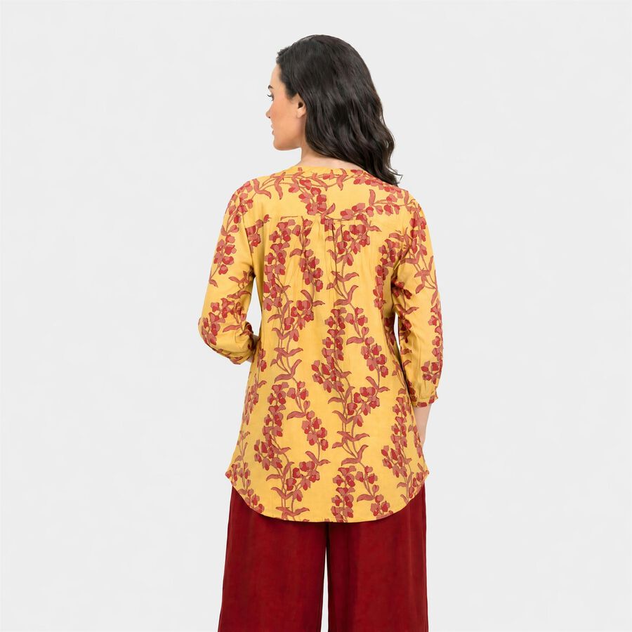 Women's Yellow Mandarin Collar Floral Printed Kurti, मस्टर्ड, large