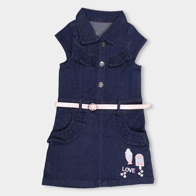 Girls' Deep Midnight Navy Straight-Fit Embroidered Cap Sleeve Frock