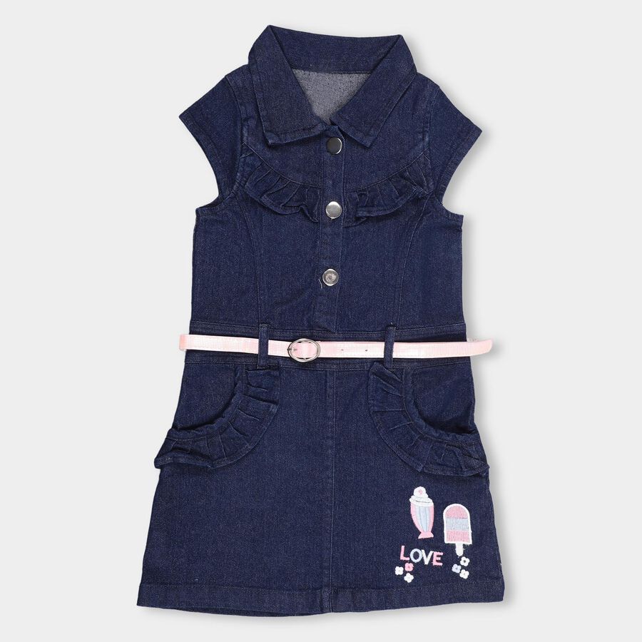 Girls' Deep Midnight Navy Straight-Fit Embroidered Cap Sleeve Frock, Dark Blue, large image number null