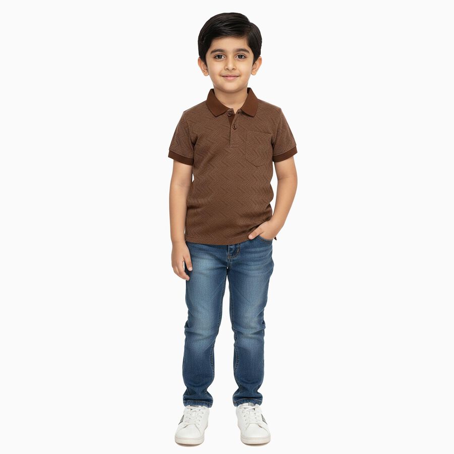 Boys Muted Brown Round Neck Casual Half Sleeve T-Shirt, भूरा, large