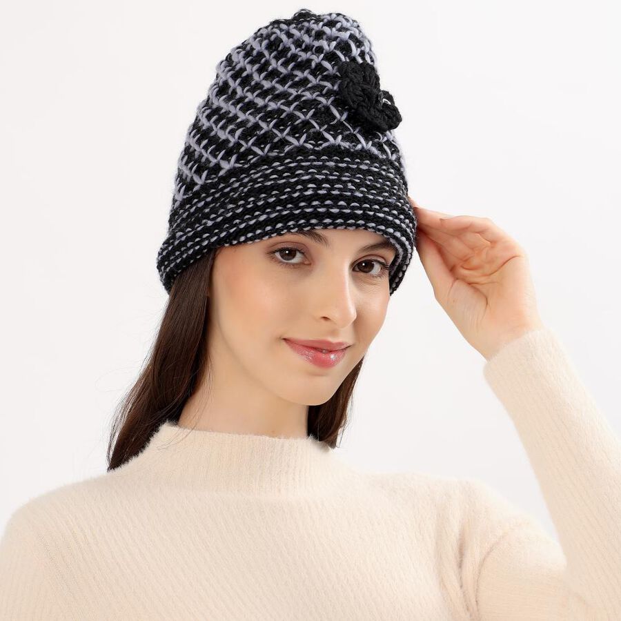 Women's Black and Grey Knitted Beanie Cap, Black, large image number null