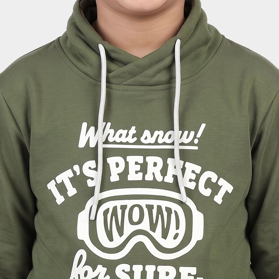 Boys' Olive Green Hooded Neck Graphic Print Sweatshirt, ओलिव, large