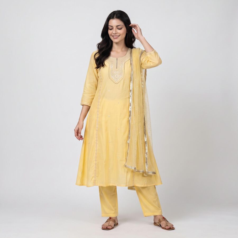 Women's Yellow Round Neck Embroidered Ethnic Set, Yellow, large