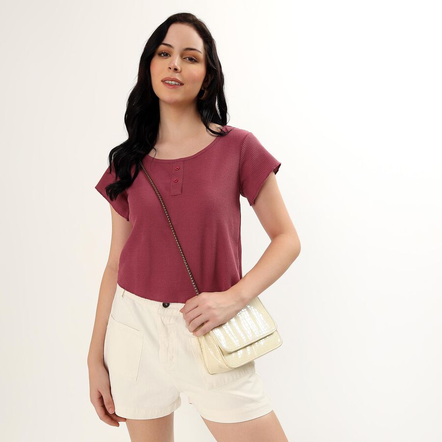 Women's Dusty Rose Round Neck Casual Top, Pink, large