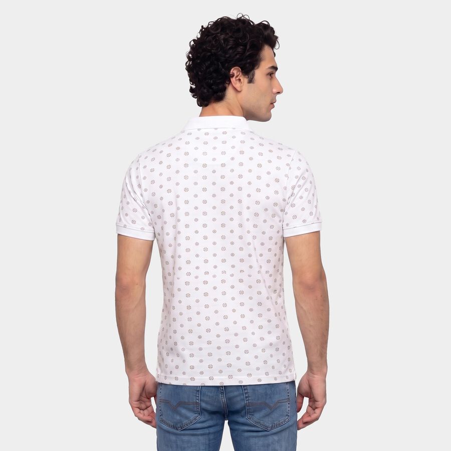 Men's White Cotton Polo Neck Printed T-Shirt, White, large