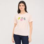Women's Light Pink Cotton Round Neck Embellished T-Shirt, Light Pink, small