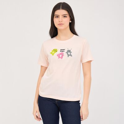 Women's Light Pink Cotton Round Neck Embellished T-Shirt
