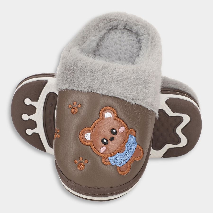Kids Warm Chocolate Brown Fur Lined Slip-On Winter Slippers, Brown, large image number null