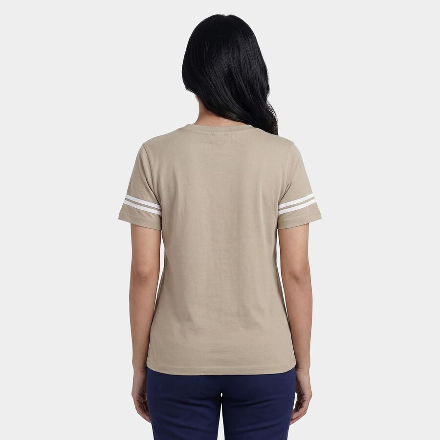 Women's Beige Round Neck Casual T-Shirt, Beige, large
