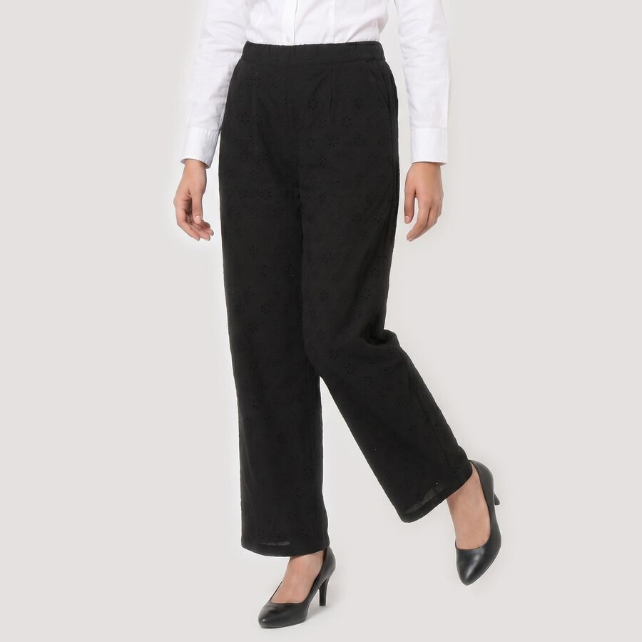 Women's Black Straight Fit Eyelet Trousers, Black, large