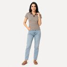 Women's Brown Polo Neck Striped Polo T-Shirt, भूरा, small