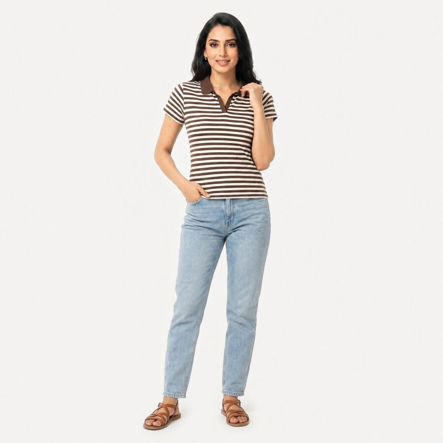 Women's Brown Polo Neck Striped Polo T-Shirt, भूरा, large