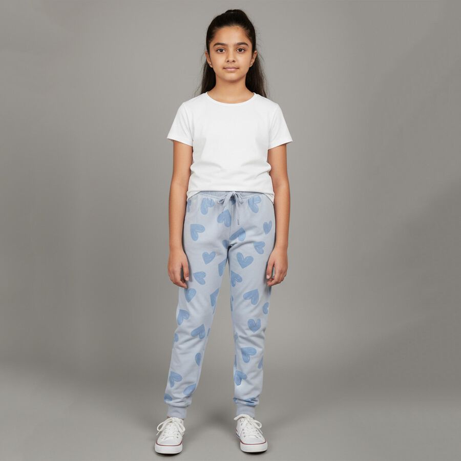 Girls' Light Blue Heart Print Elastic Waist Winter Pyjama, हल्का नीला, large image number null