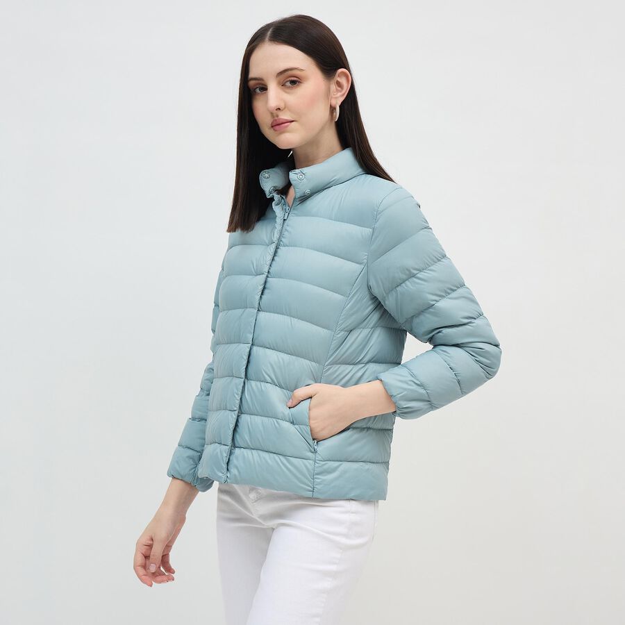 Women's Light Sage Green High Neck Casual Puffer Jacket, हल्का हरा, large image number null