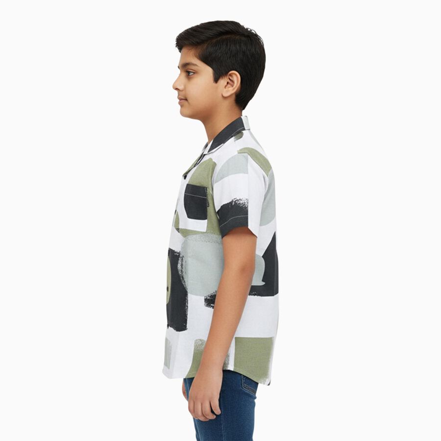 Boys Light Sage Green and White Cotton Half Sleeve Cuban Collar Casual Shirt, Light Green, large image number null