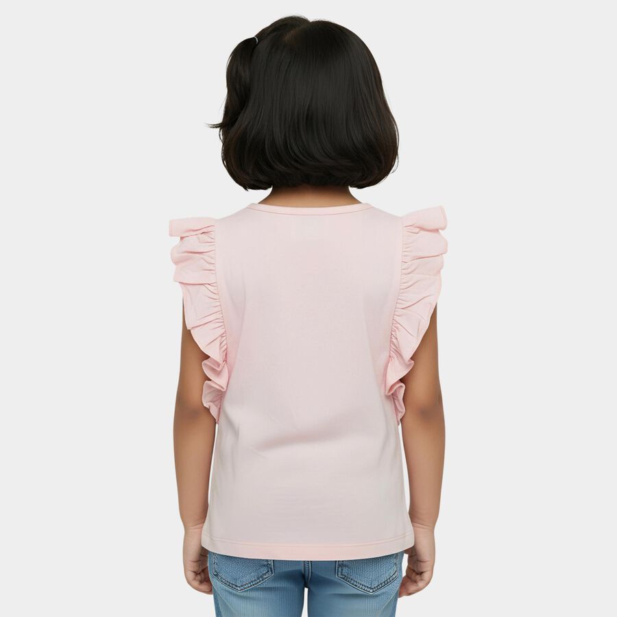 Girls' Pink Cotton Round Neck Romantic Ruffle Sleeve T-Shirt, हल्का गुलाबी, large