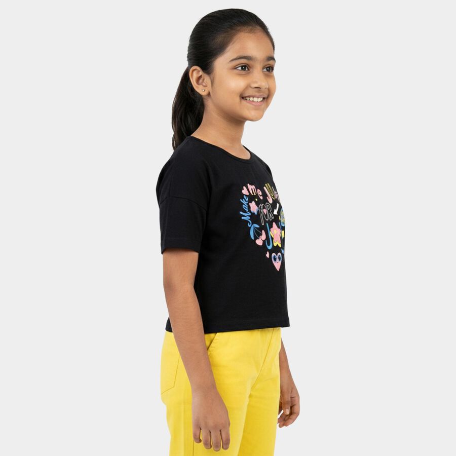 Girls' Black Cotton Round Neck Casual T-Shirt, काला, large