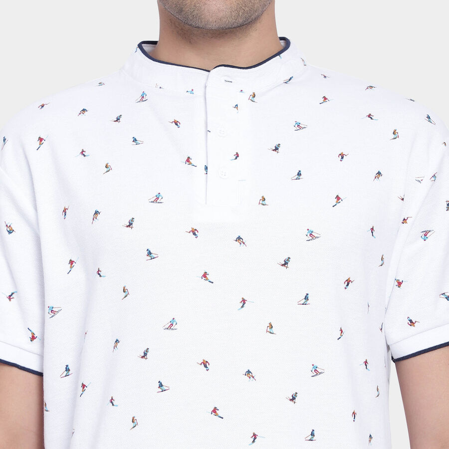 Cotton Printed Henley T-Shirt, White, large image number null
