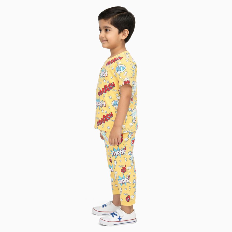Boys Bright Yellow Cotton Round Neck Printed Night Suit, पीला, large image number null