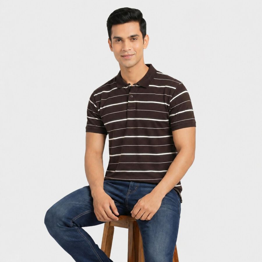 Men's Brown Cotton Polo Neck Striped T-Shirt, भूरा, large