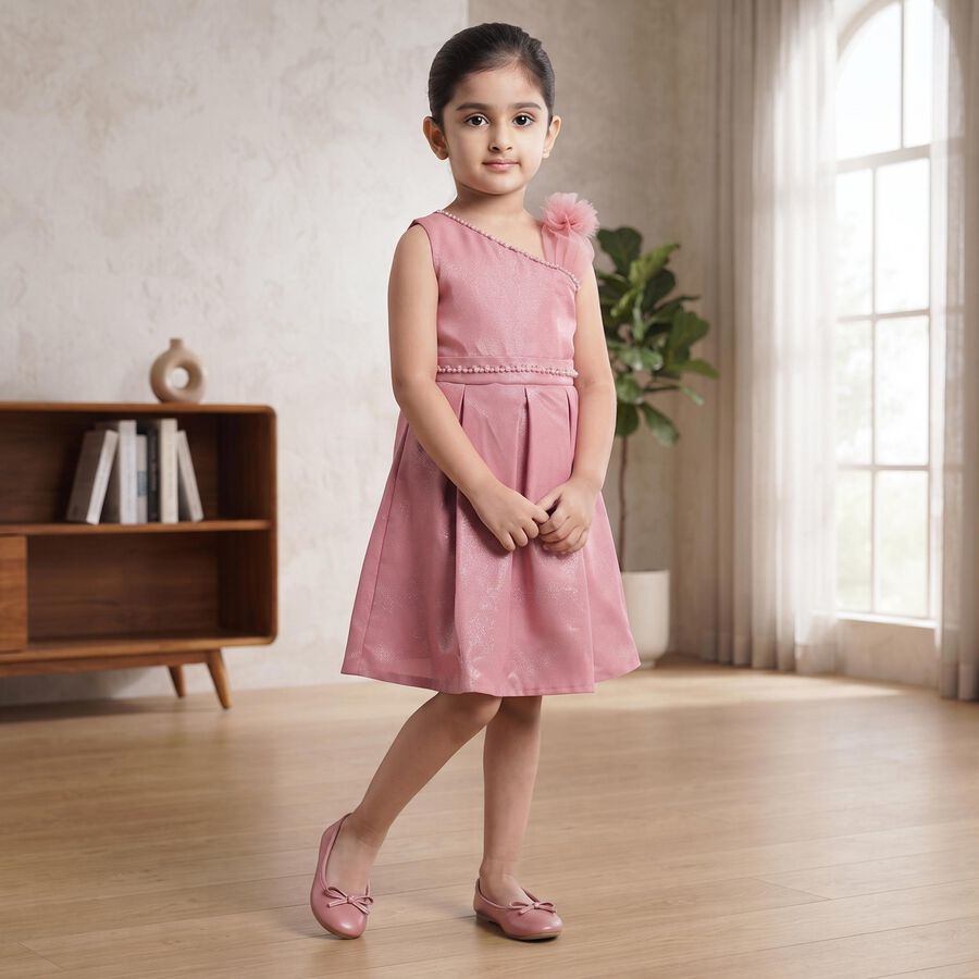 Girls' Pink One Shoulder Embellished Fit and Flare Frock, गुलाबी, large