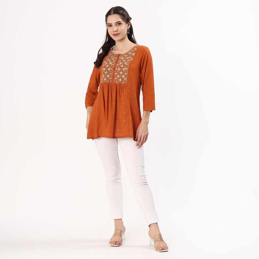 Women's Rust Orange Round Neck Embroidered Kurti, रस्ट, large
