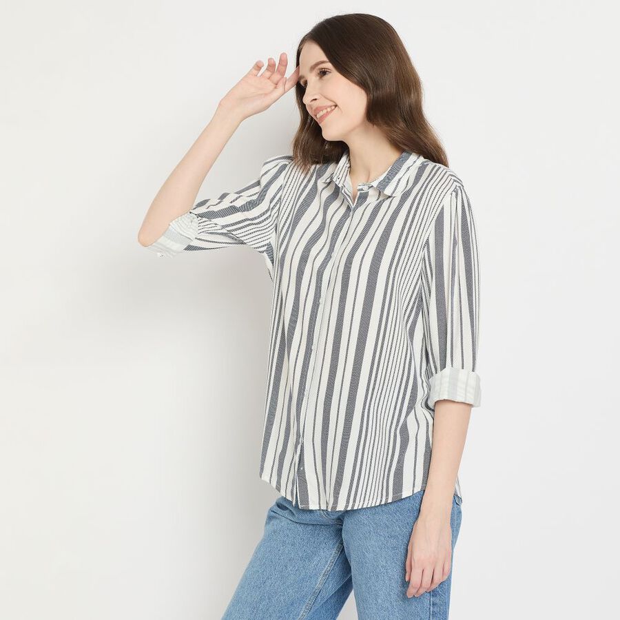Ladies'  Stripes Shirt, मध्यम नीला, large image number null