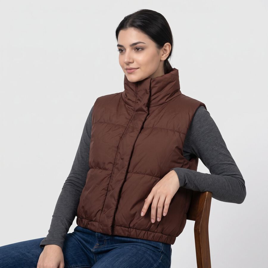 Women's Wine Stand Collar Puffer Jacket, Wine, large