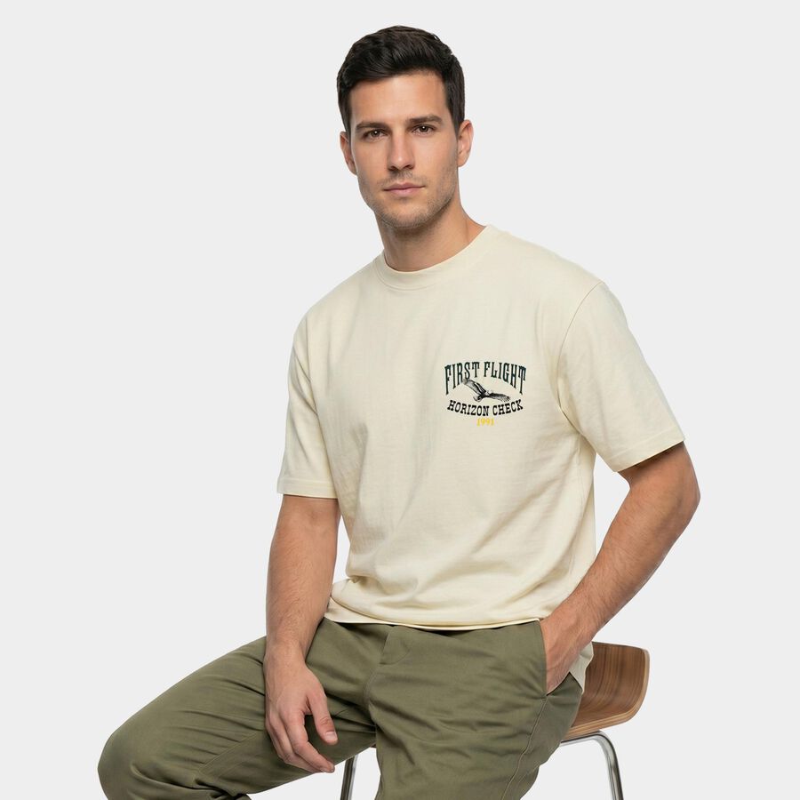 Men's White Cotton Round Neck Regular T-Shirt, Off White, large