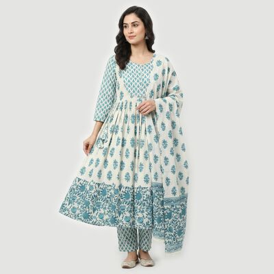 Women's Light Blue Cotton Floral Printed Ethnic Set