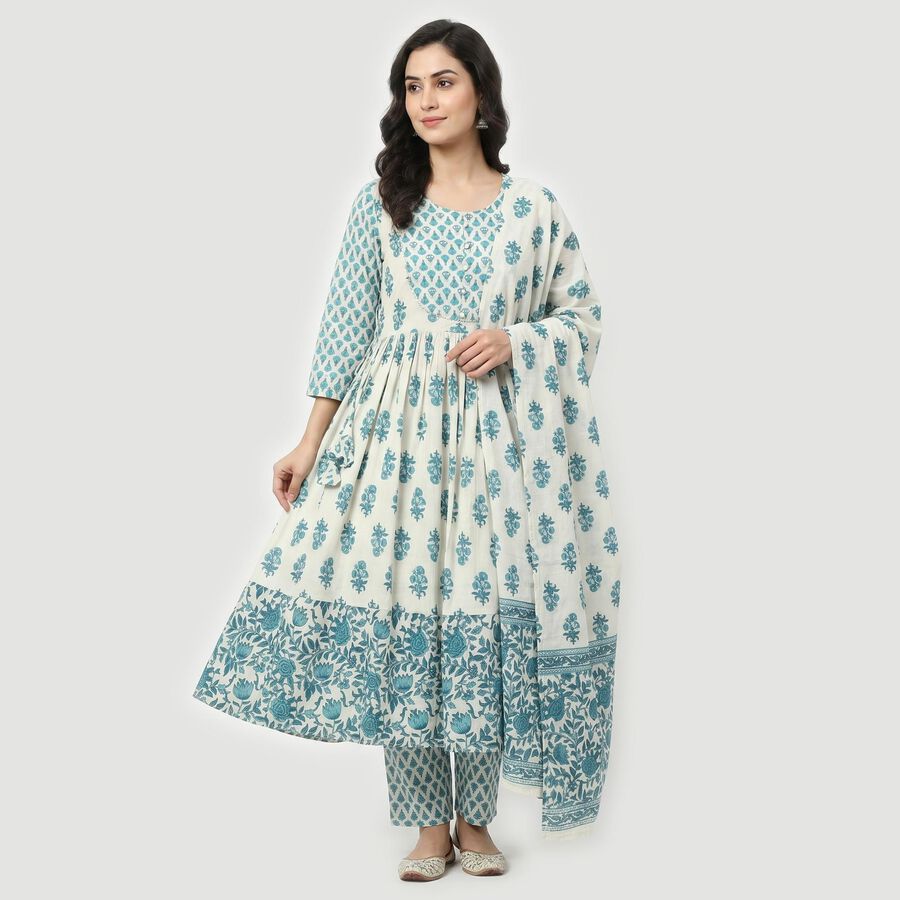 Women's Light Blue Cotton Floral Printed Ethnic Set, Light Blue, large